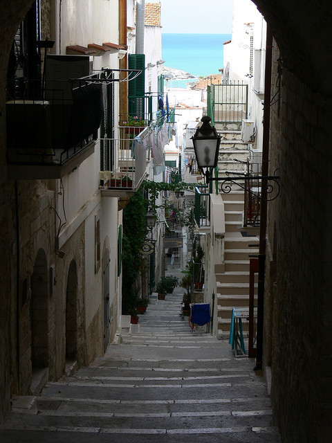 Walking on the narrow streets of Vieste, Puglia, Italy