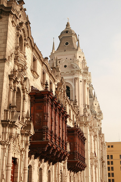 Wooden balconies on Archbishops Palace in Lima, Peru