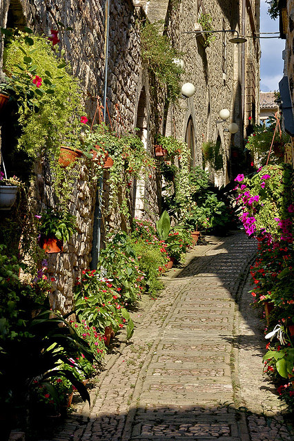 Streets of Spello, one of the most romantic towns in Umbria, Italy