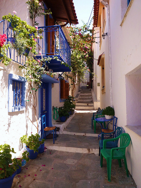 One of the peaceful alleys of Skiathos, Greece