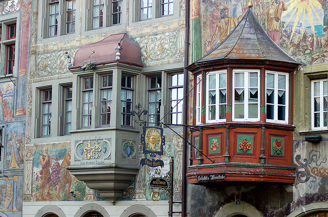 Detail of two oriel windows in the picturesque Stein am Rhein, Switzerland