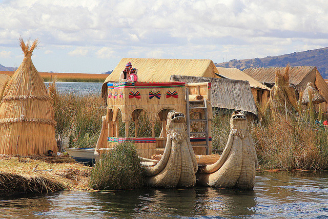 Uros traditional village on Lake Titicaca near the city of Puno, Peru