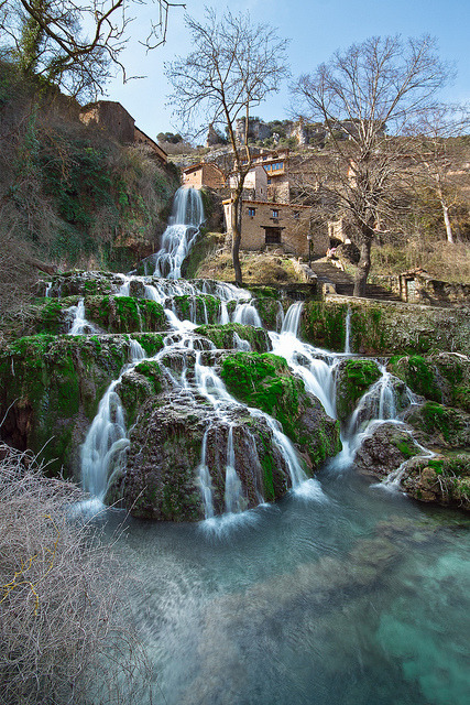 Waterfall in the medieval village of Orbaneja del Castillo, Burgos, Spain