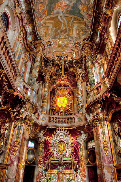 Baroque architecture inside Asamkirche in Munich, Germany
