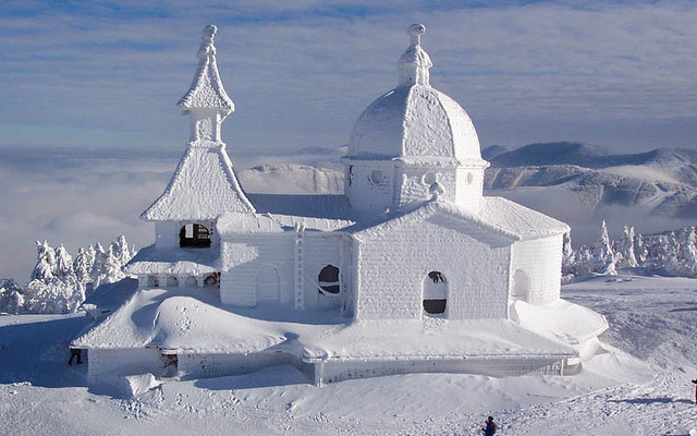 Snow covered chapel in Trojanovice, Czech Republic
