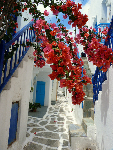 Narrow paved alley in Naoussa, Cyclades, Greece
