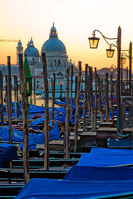 Gondolas at sunset in Venice, Italy