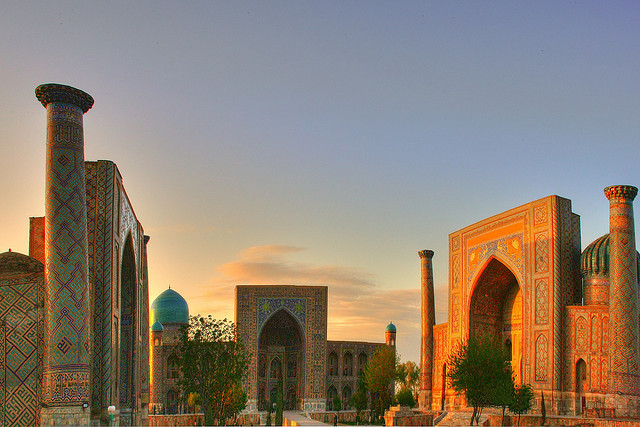 Sunset in Registan Square, Samarkand, Uzbekistan